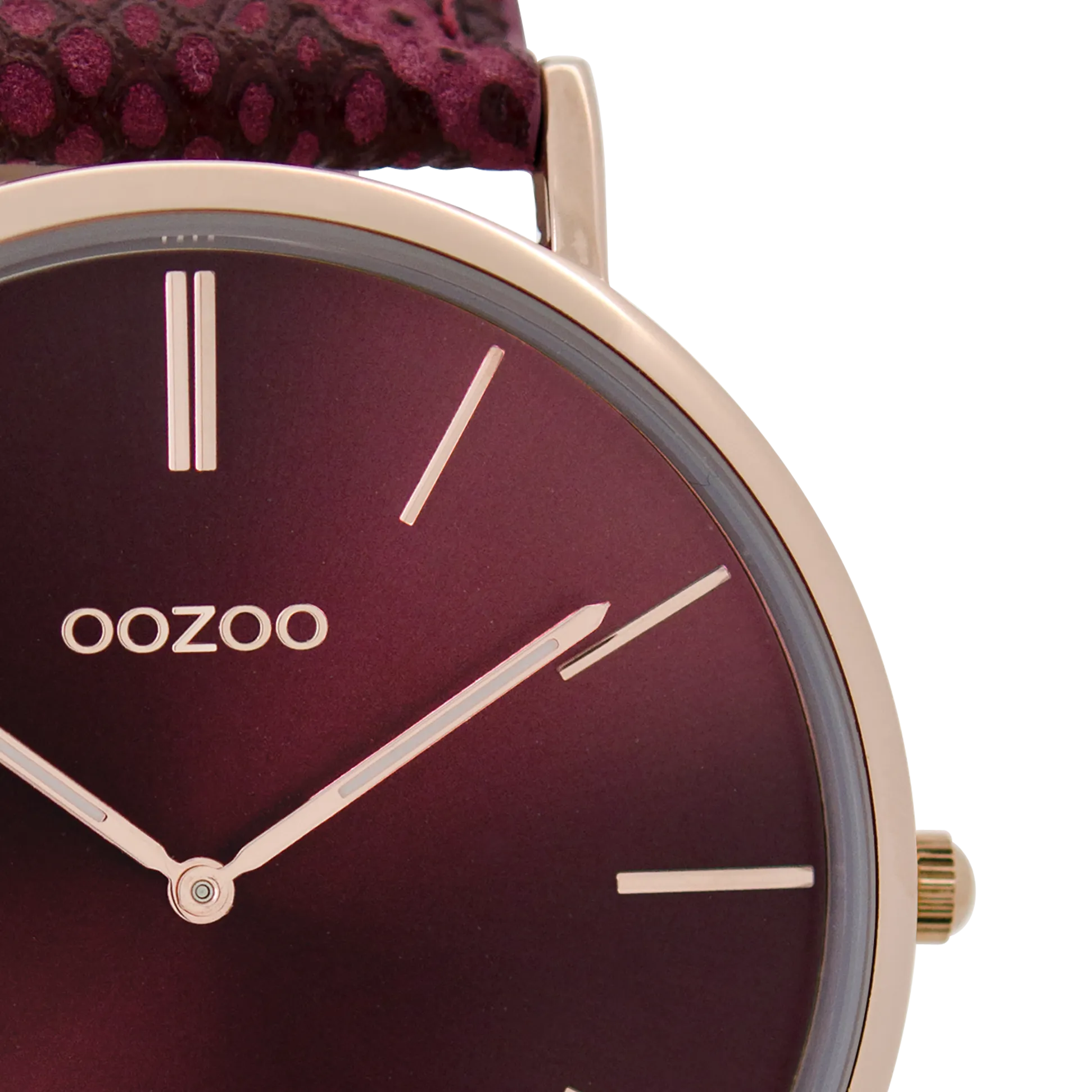 Rose gold coloured  watch with burgundy leather strap