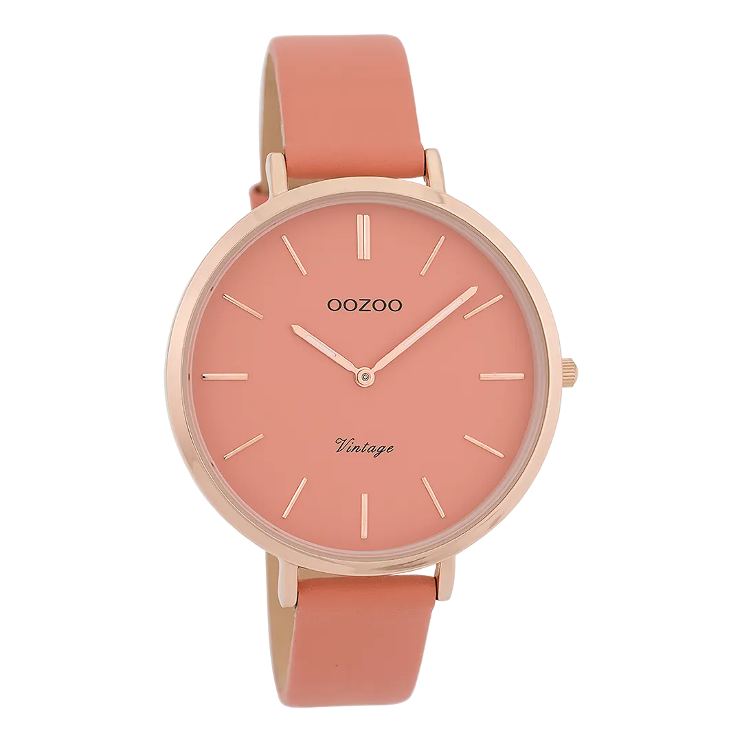 Rose gold coloured  watch with peach pink leather strap