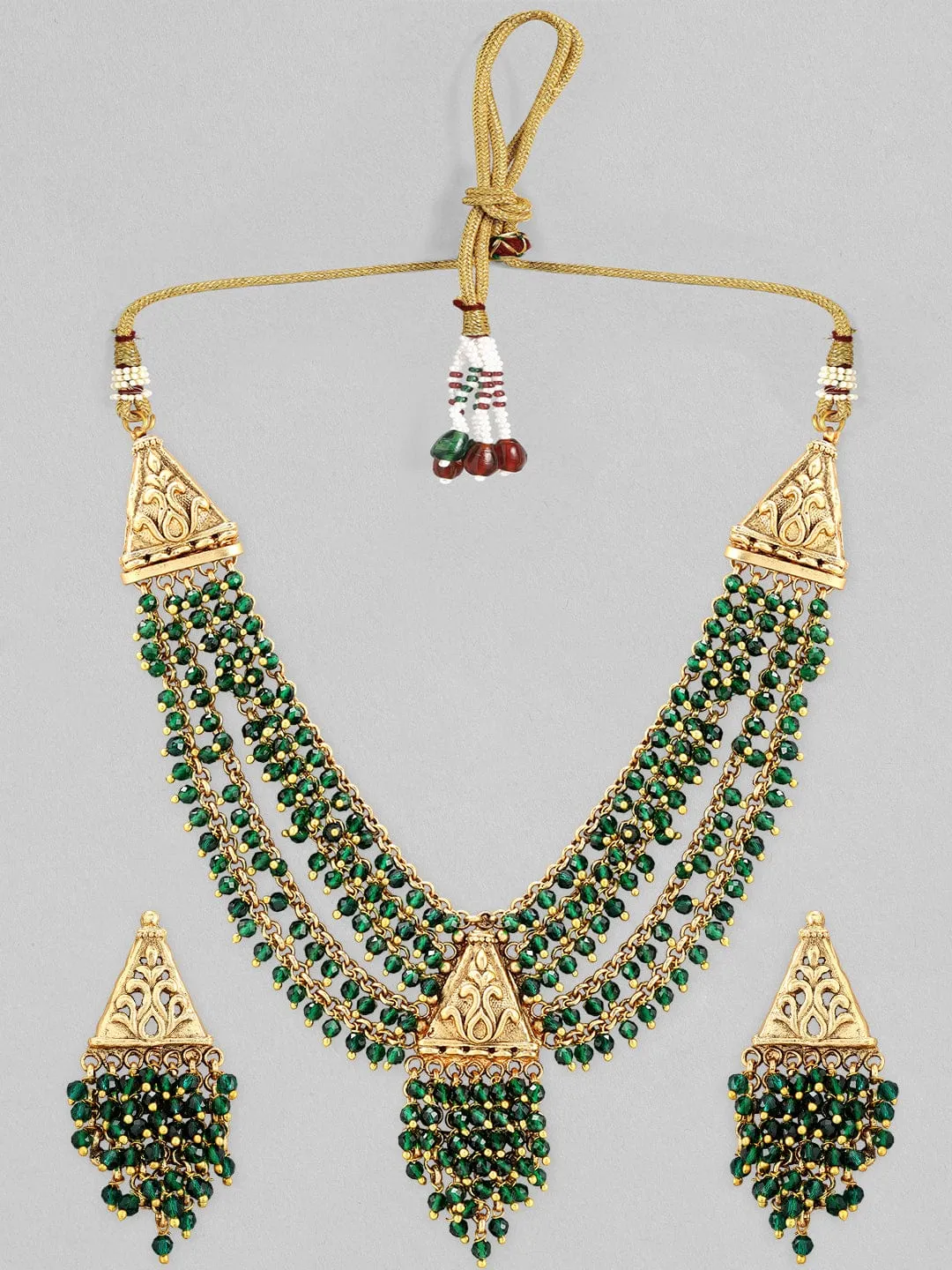 Rubans 22K Gold Plated Necklace Set With Green Beads Design