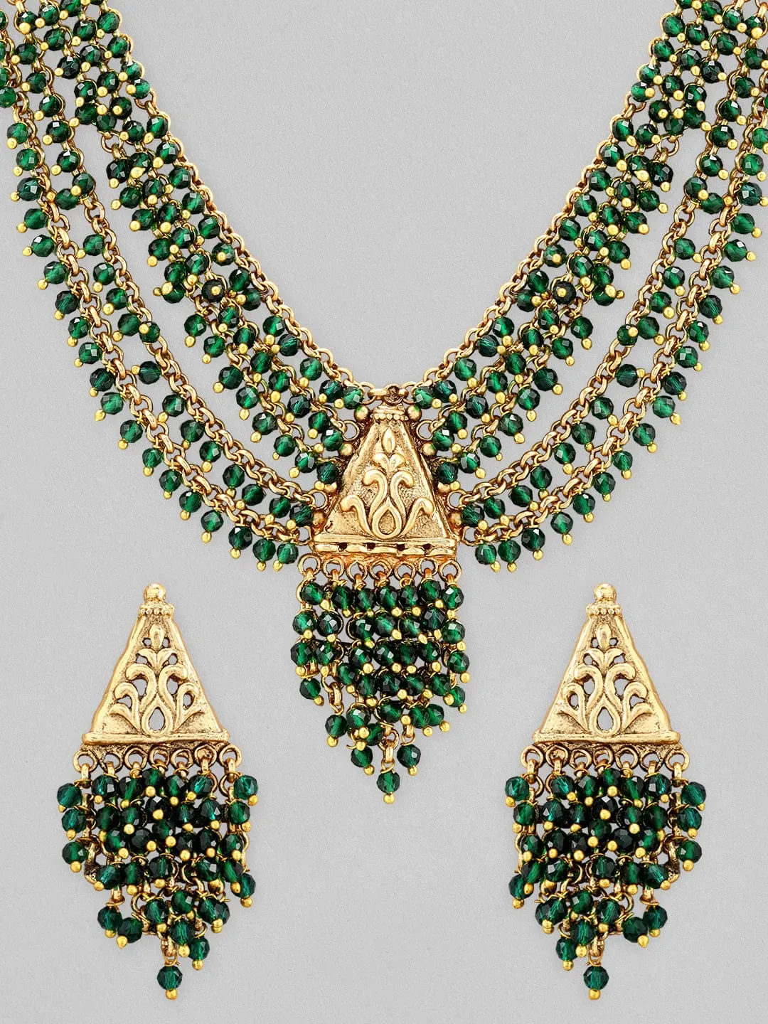 Rubans 22K Gold Plated Necklace Set With Green Beads Design