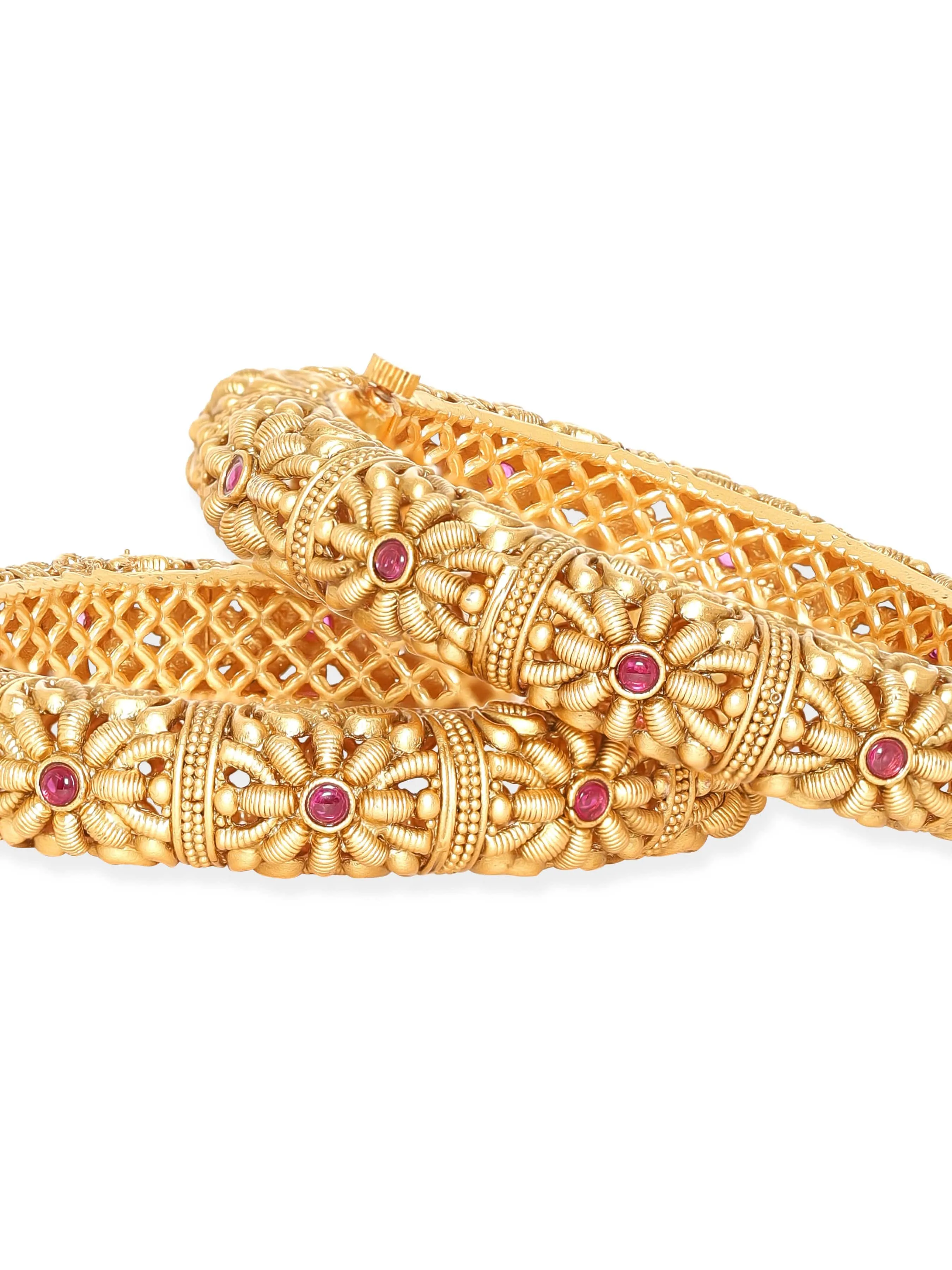 Rubans  Set Of 2 Gold Tone Bangles With Pink Stone