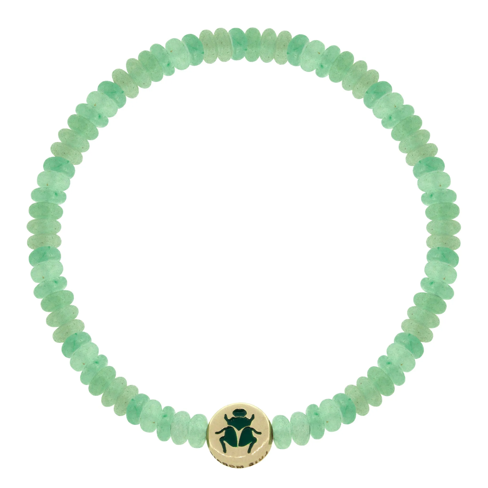 Scarab Recessed Enameled Gold Disk on Aventurine Beaded Bracelet