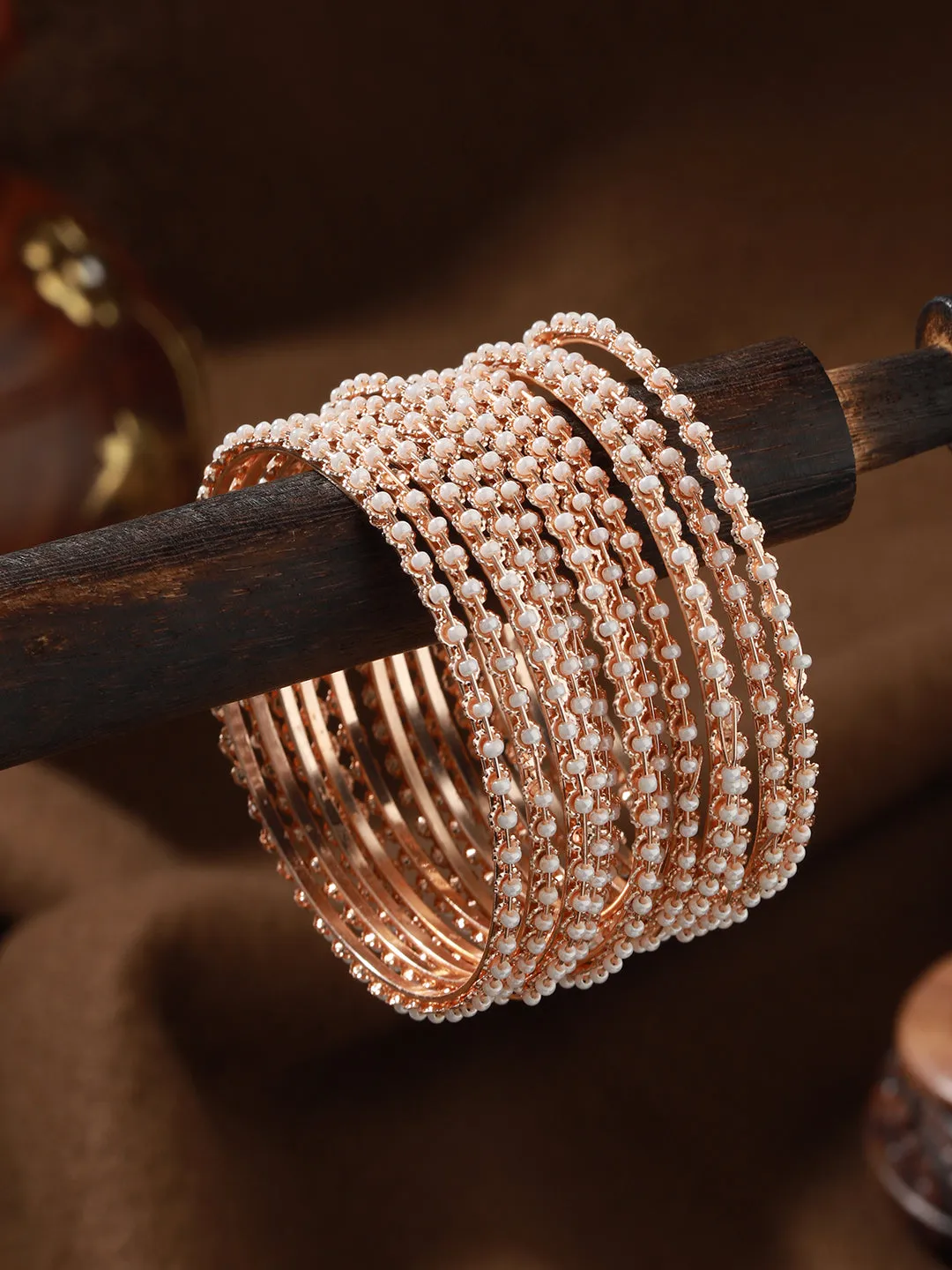 Set Of 12 Rose Gold-Plated Beaded Bangles