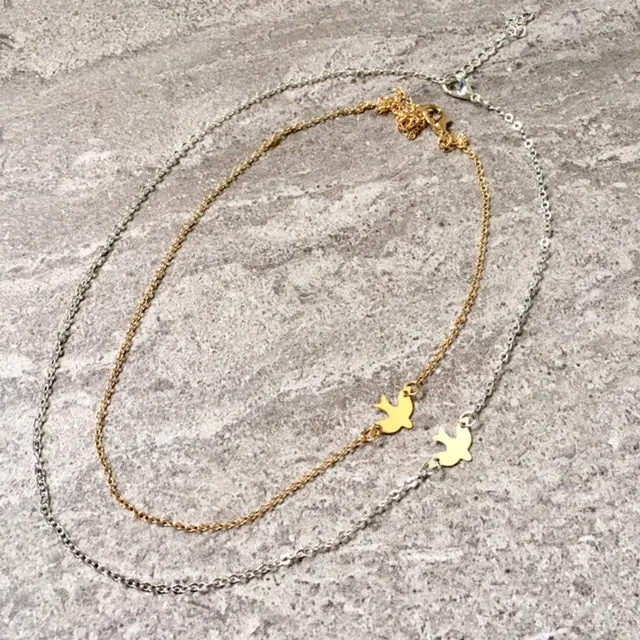 SHORT GOLD DELICATE FLYING BIRD CHARM NECKLACE