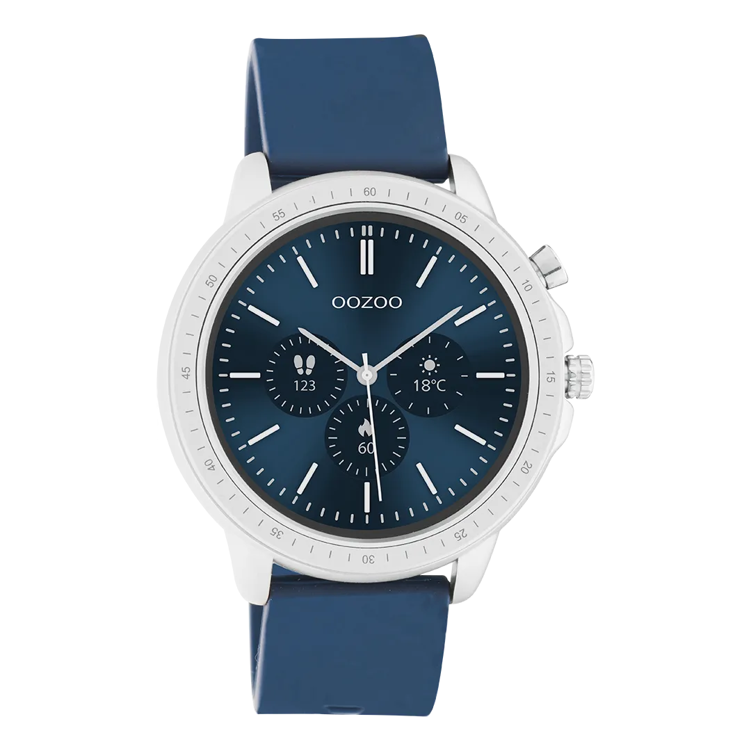 Silver coloured OOZOO smartwatch with dark blue rubber strap - Q00315