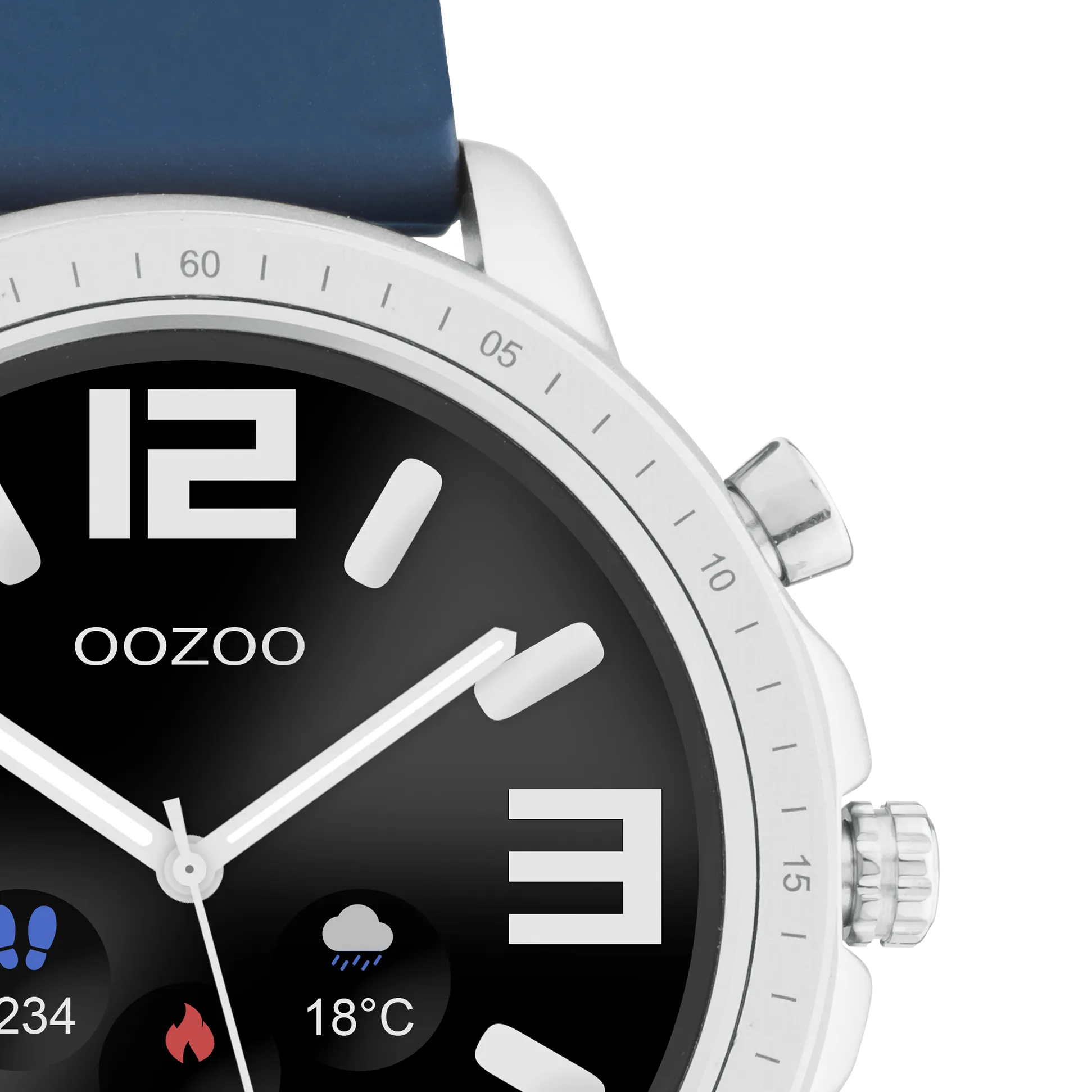 Silver coloured OOZOO smartwatch with dark blue rubber strap - Q00315