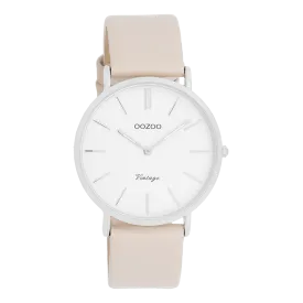 Silver coloured OOZOO watch with beige leather strap - C20390