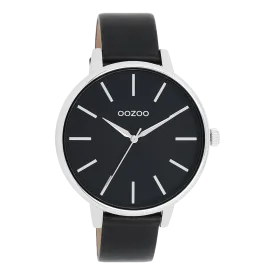 Silver coloured OOZOO watch with black leather strap - C11293