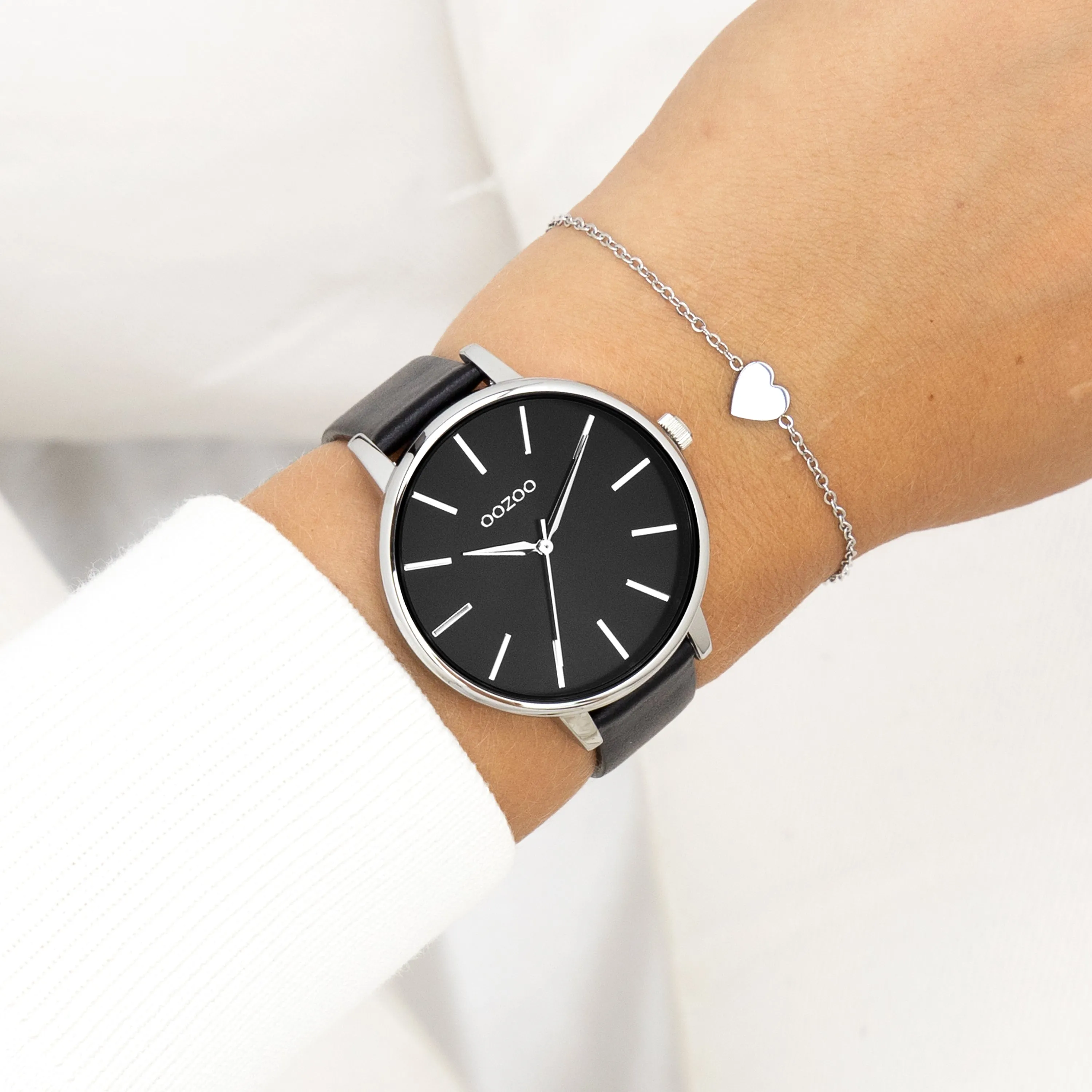 Silver coloured OOZOO watch with black leather strap - C11293