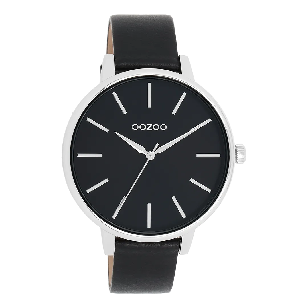 Silver coloured OOZOO watch with black leather strap - C11293