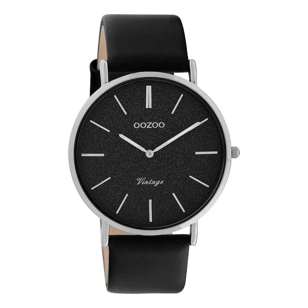 Silver coloured OOZOO watch with black leather strap - C20168