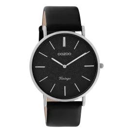 Silver coloured OOZOO watch with black leather strap - C20168