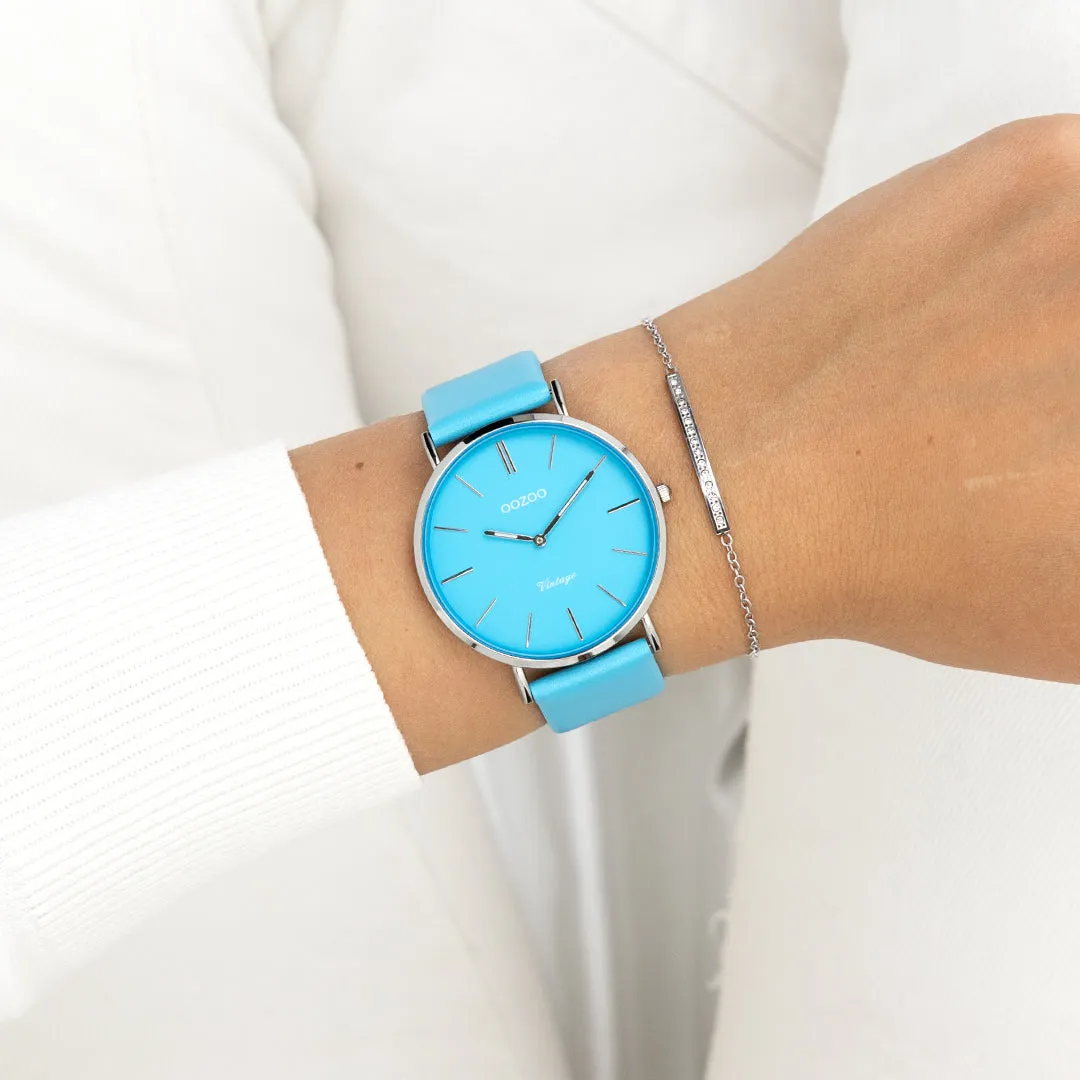 Silver coloured OOZOO watch with bright blue leather strap - C20322