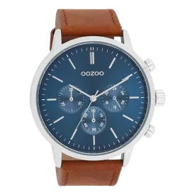 Silver coloured OOZOO watch with brown leather strap - C11200