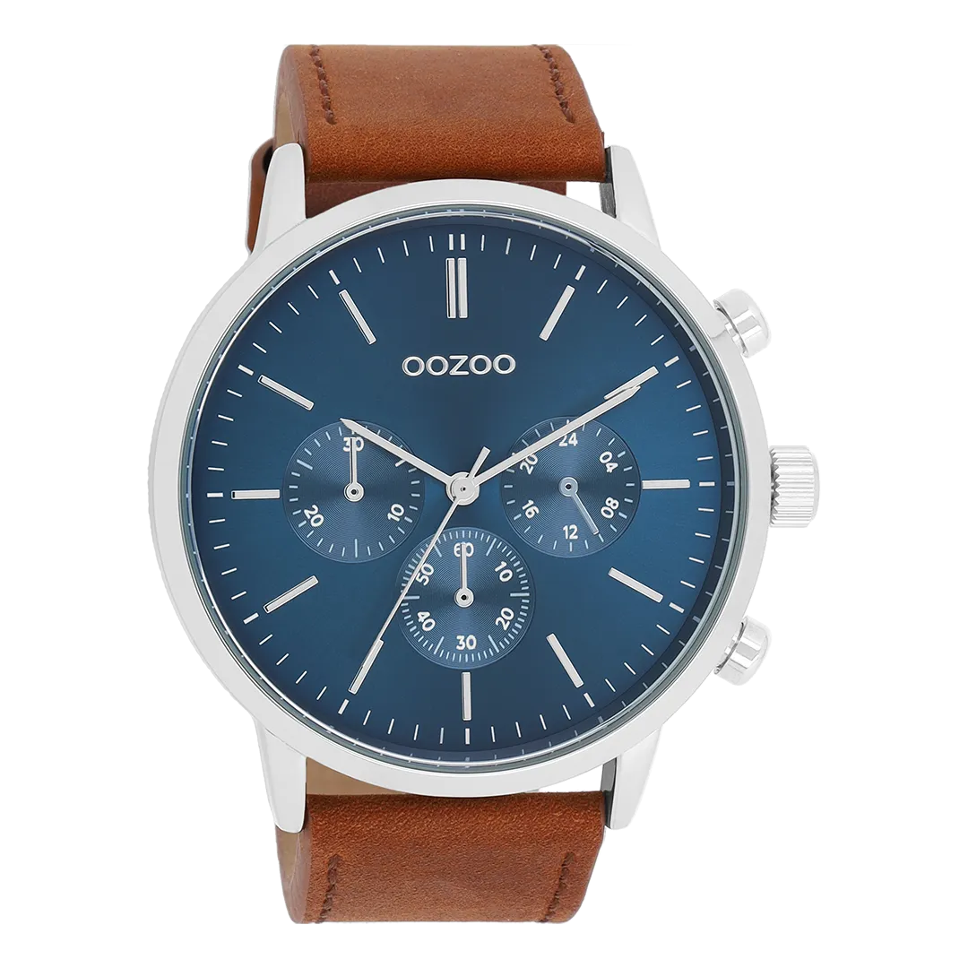 Silver coloured OOZOO watch with brown leather strap - C11200