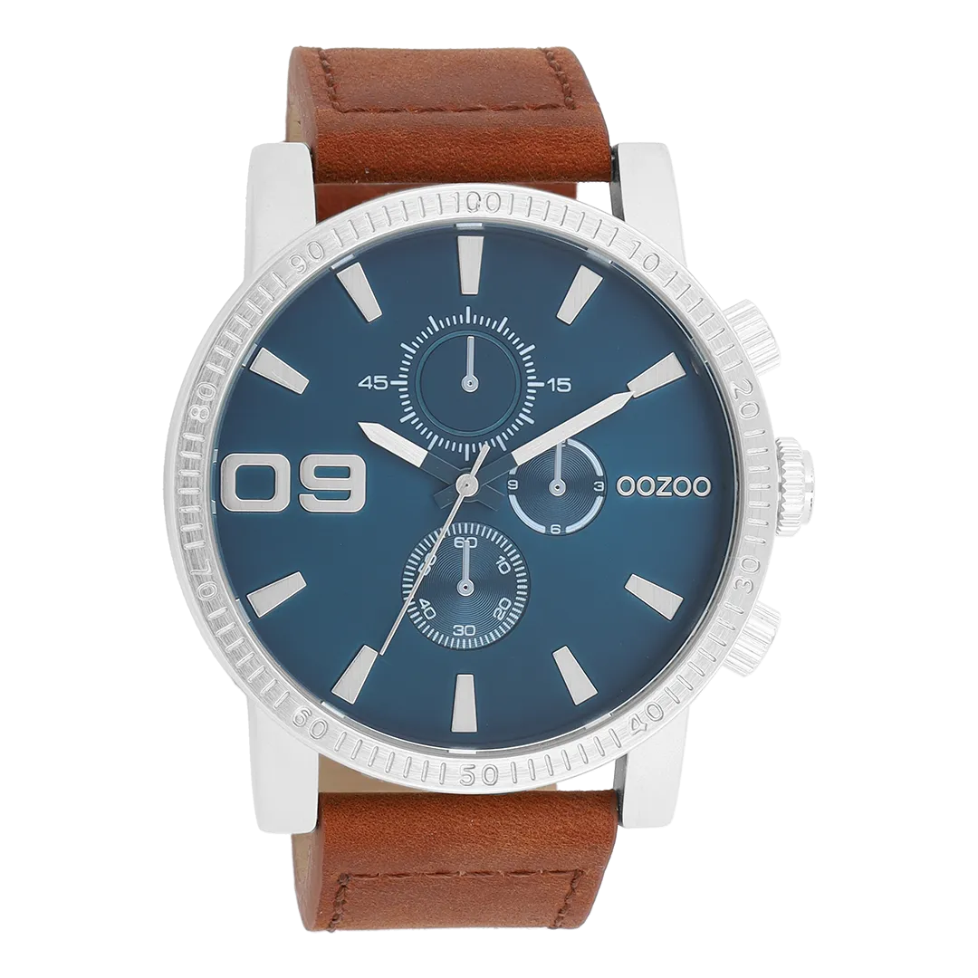 Silver coloured OOZOO watch with brown leather strap - C11210