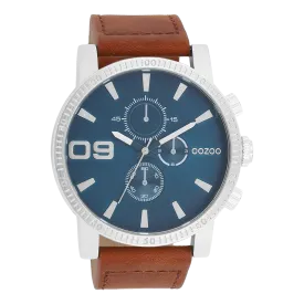 Silver coloured OOZOO watch with brown leather strap - C11210