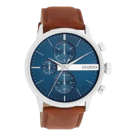 Silver coloured OOZOO watch with brown leather strap - C11221