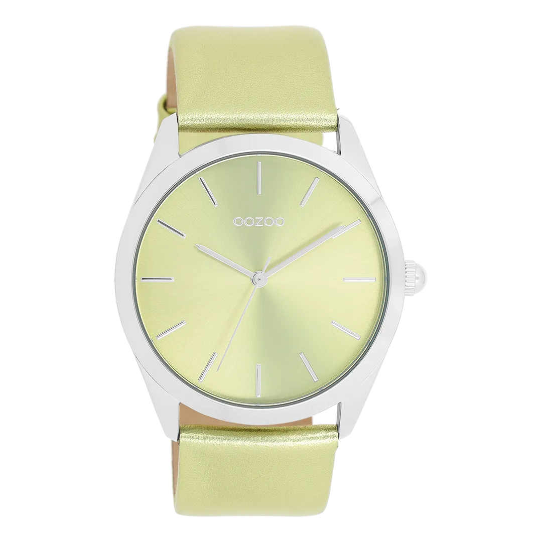 Silver coloured OOZOO watch with lime green leather strap - C11331