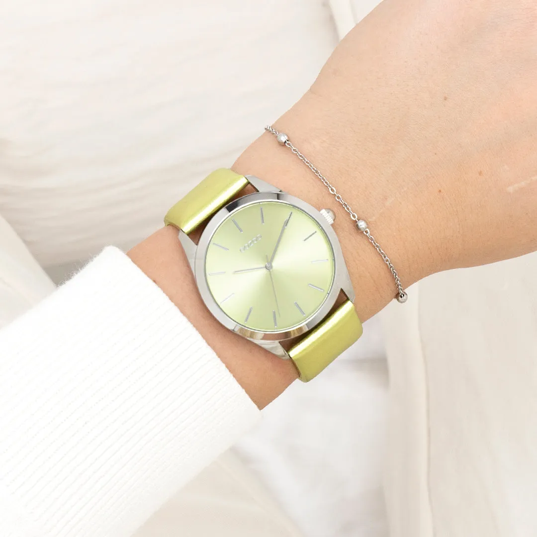 Silver coloured OOZOO watch with lime green leather strap - C11331