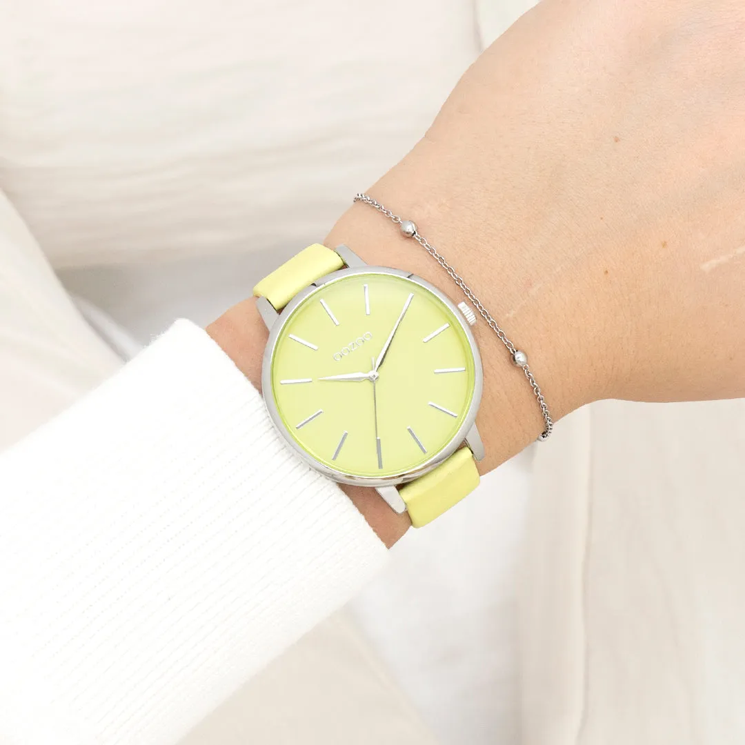 Silver coloured OOZOO watch with lime green leather strap - C11360