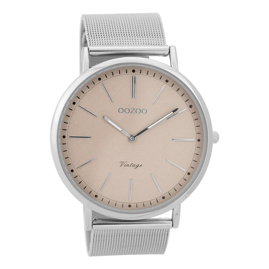 Silver coloured  watch with silver coloured metal mesh bracelet