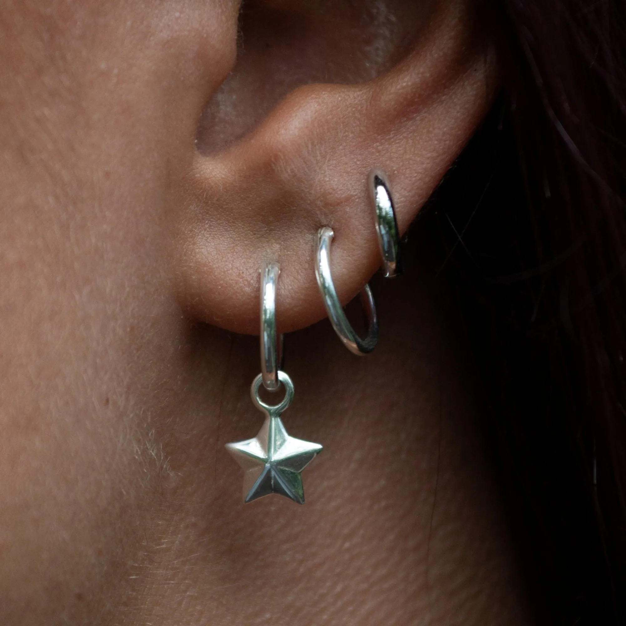 Silver Faceted Star Charm Hoop Earrings