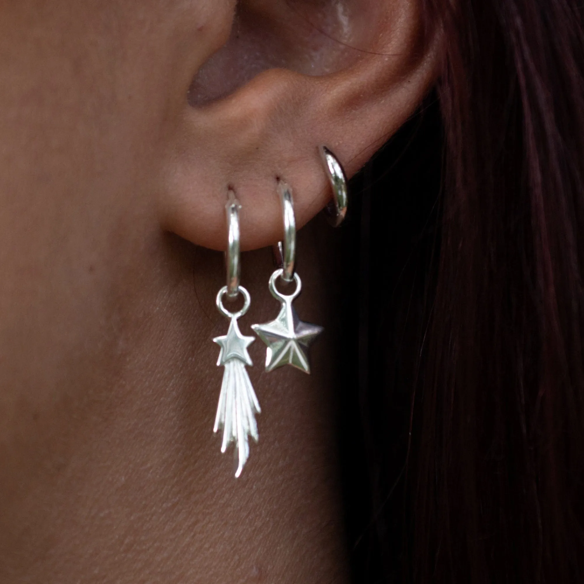 Silver Faceted Star Charm Hoop Earrings