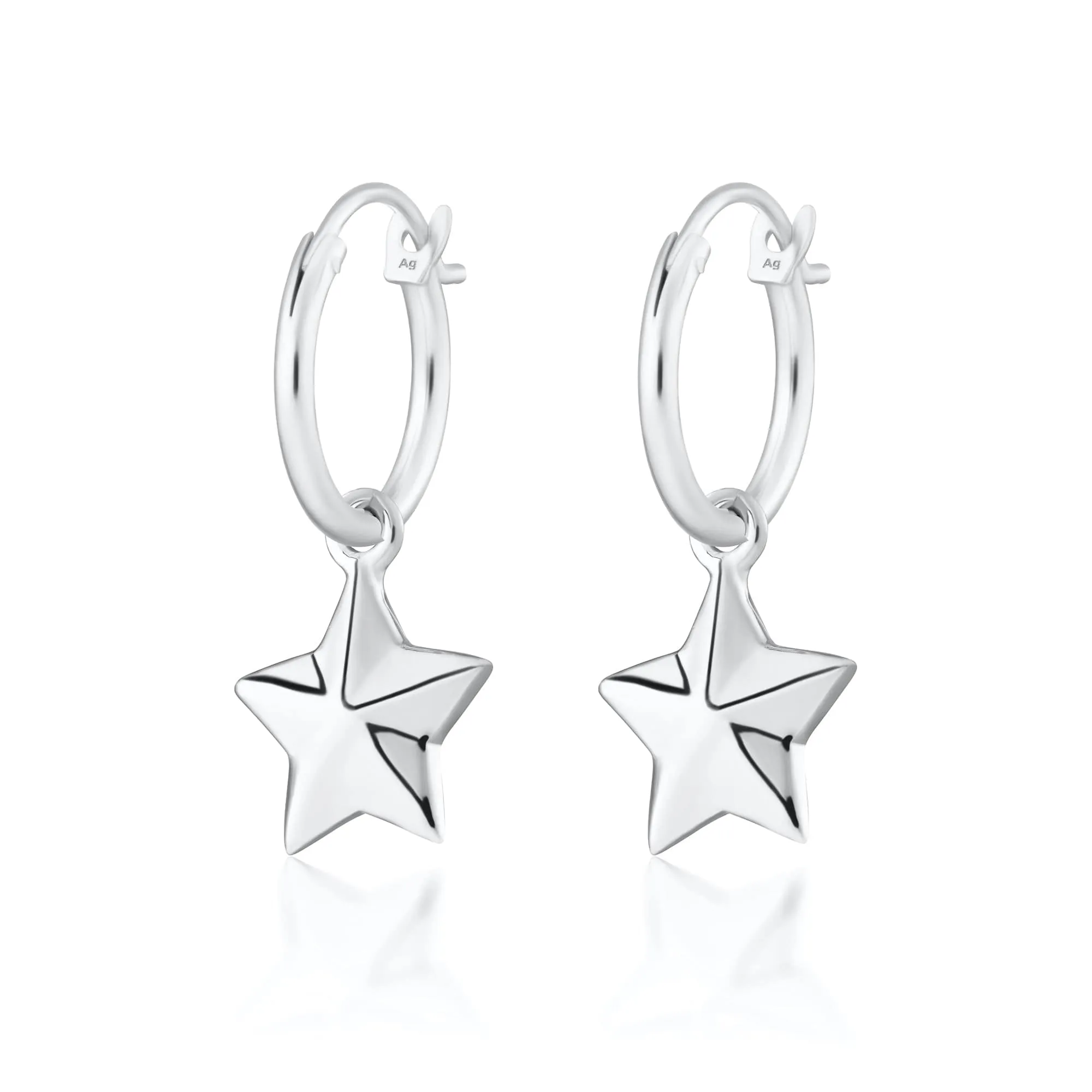 Silver Faceted Star Charm Hoop Earrings