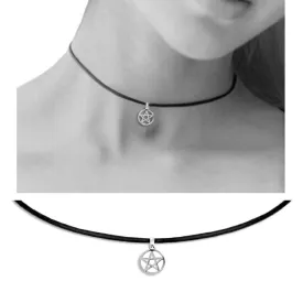 Small Pentagram Choker Necklace, Black Leather & Sterling Silver