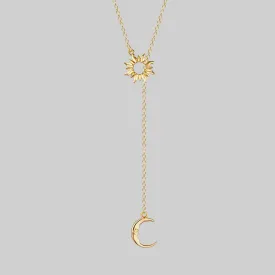 SOLSTICE. Sun & Moon Lariat Necklace - Gold