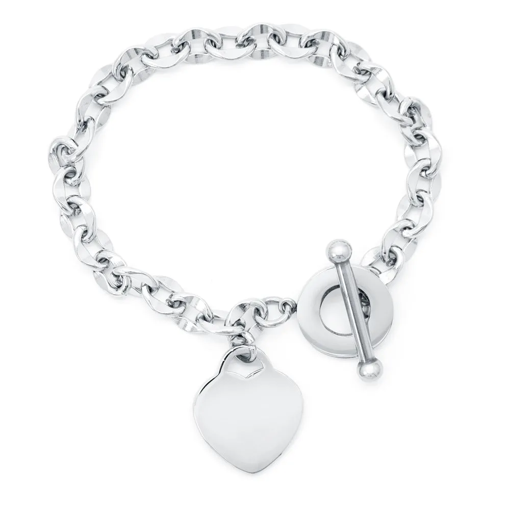 Stainless Steel Silver Toggle Clasp Bracelet With Heart Charm and Scripture