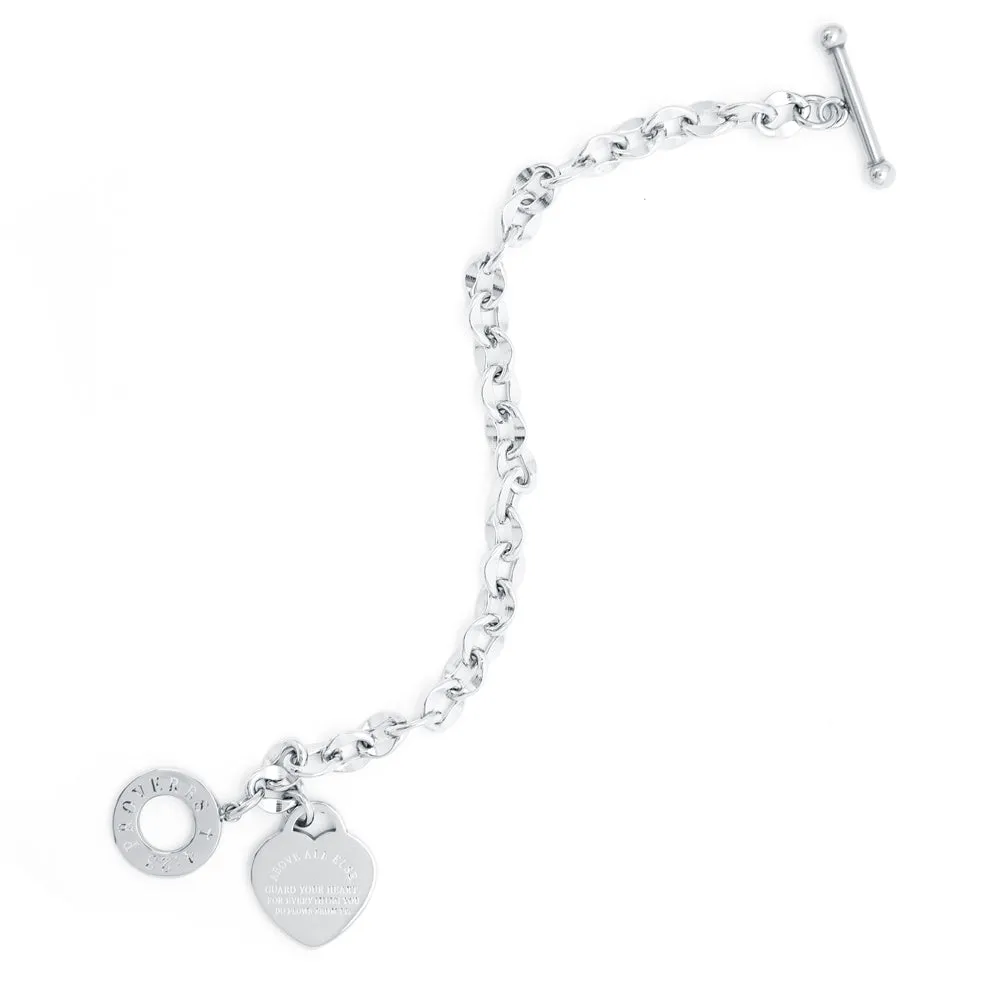 Stainless Steel Silver Toggle Clasp Bracelet With Heart Charm and Scripture