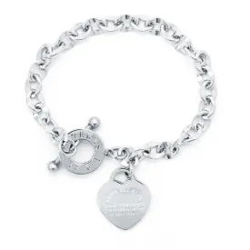 Stainless Steel Silver Toggle Clasp Bracelet With Heart Charm and Scripture