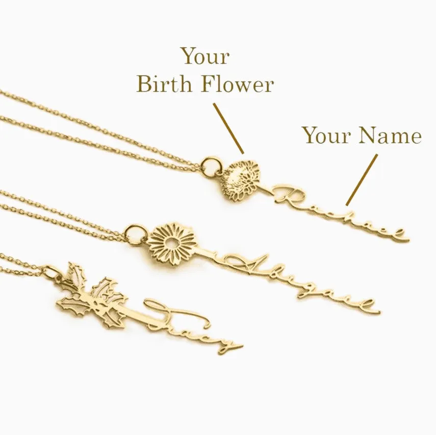 Sterling Silver Birth Flower Name Necklace