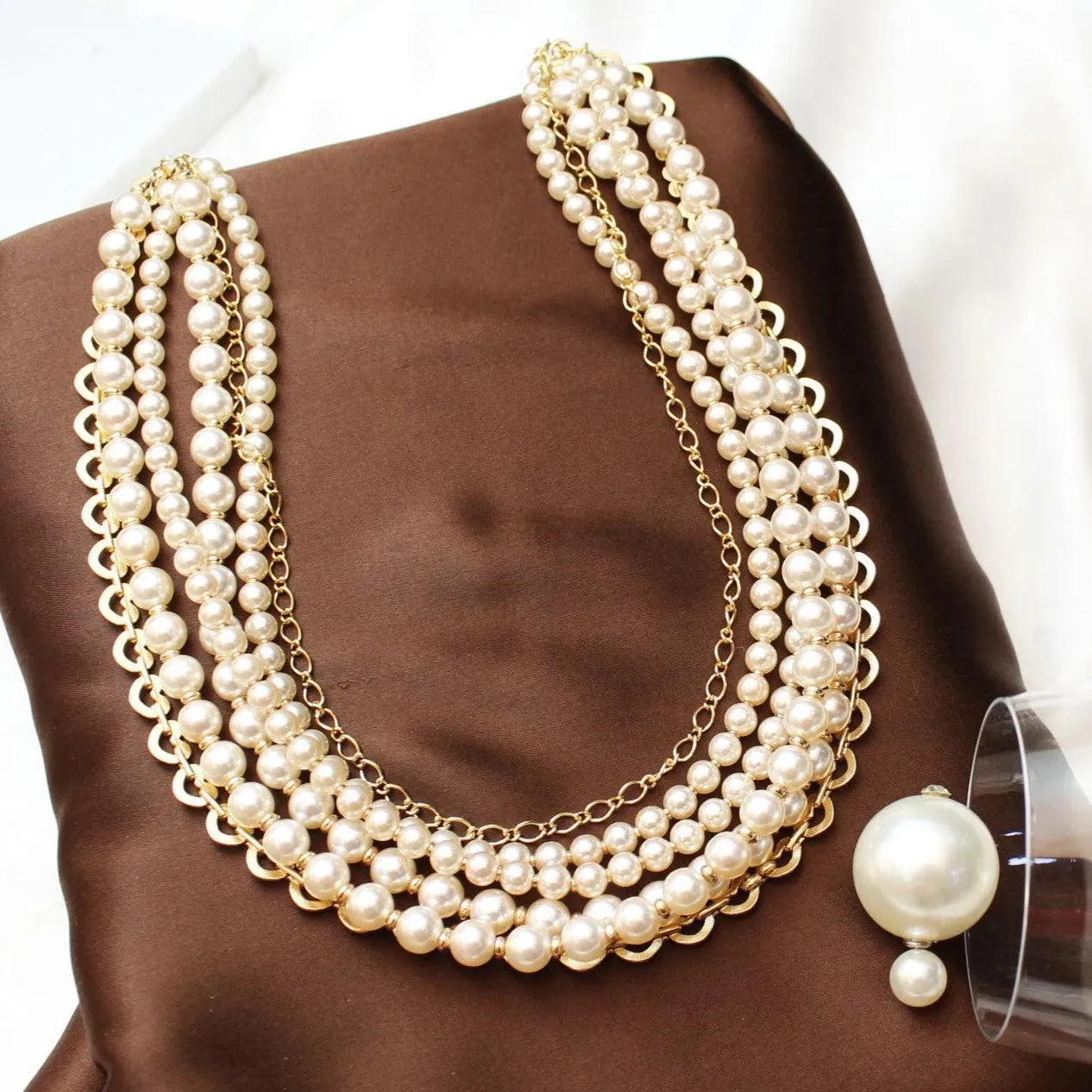 TFC Bridgerton Pale Pearl Gold Plated Layered Necklace