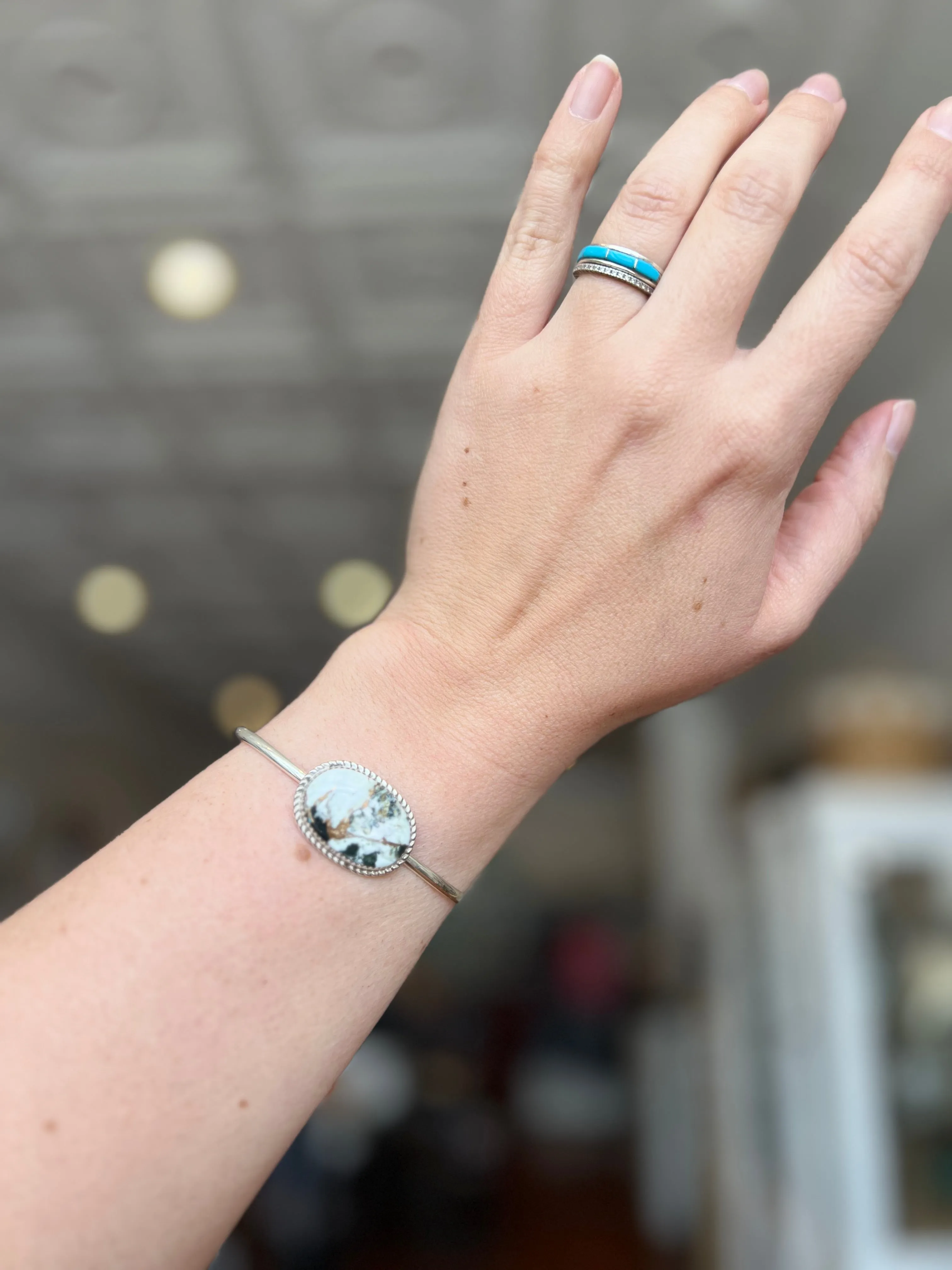 White Buffalo Oval Sterling Silver Cuff